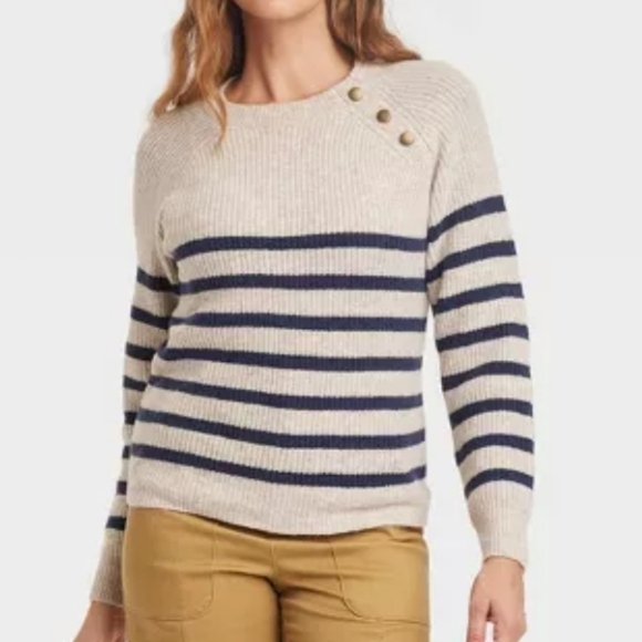 Knox Rose Women's Crewneck Ribbed Pullover Sweater navy/cream size M NWT - Picture 1 of 12